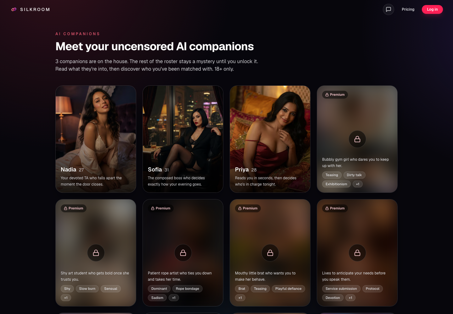 SilkRoom's public roster of curated fictional adult companions